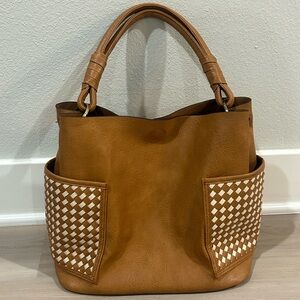 Stylish Cognac Brown Woven Accent Hobo Bag / Shoulder Bag